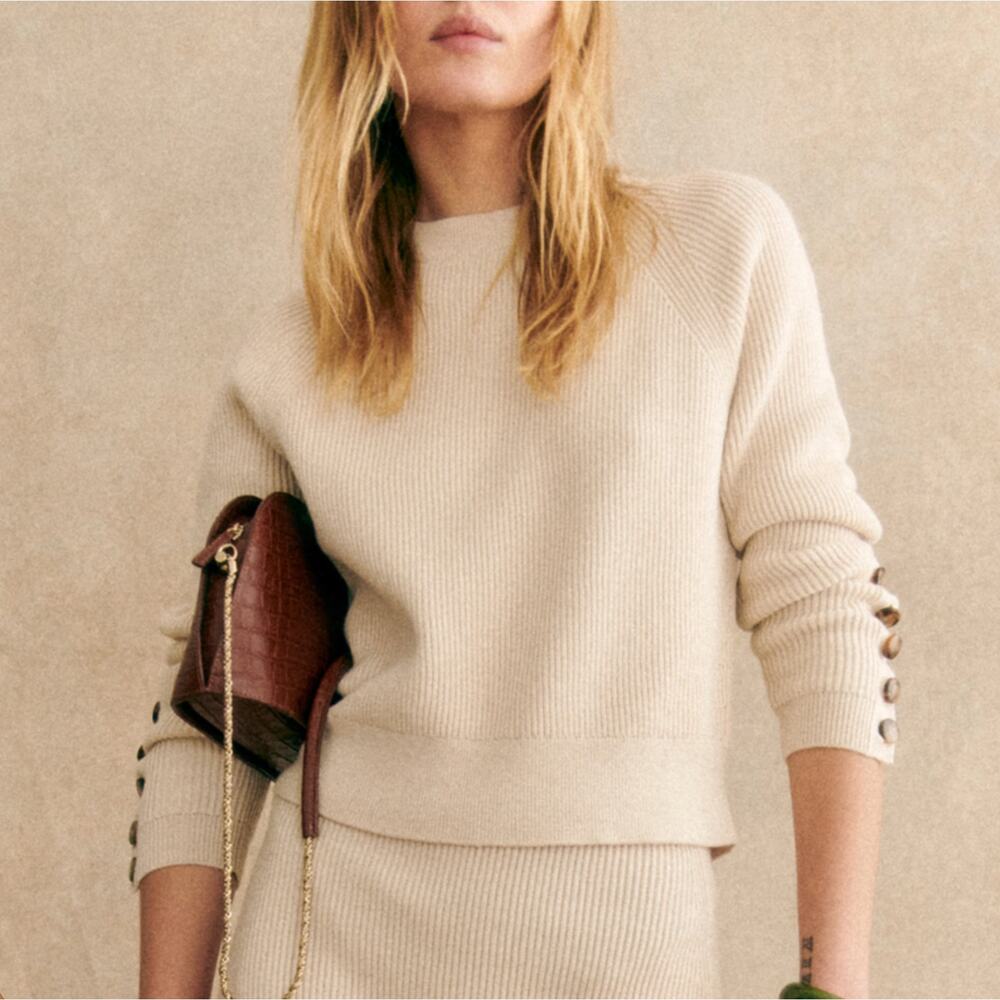 Sezane Sami Ribbed Beige Cream Crop Pullover Sweater Size XS